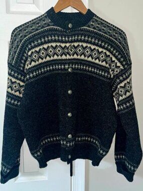 Vintage Figgjo Wool Fair Isle Button Cardigan Knit Sweater Unisex M Gray Ivory